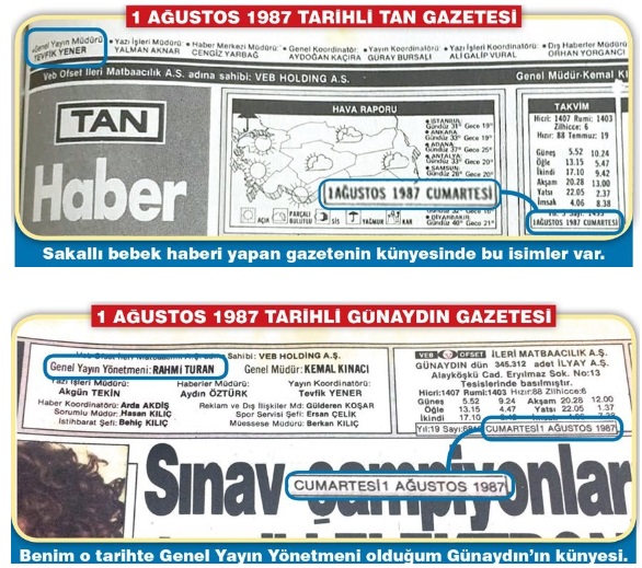 Sakallı Bebek'in haberleştirildiği 1 Ağustos 1987 tarihinde Tan ve Günaydın gazetelerinin künyeleri