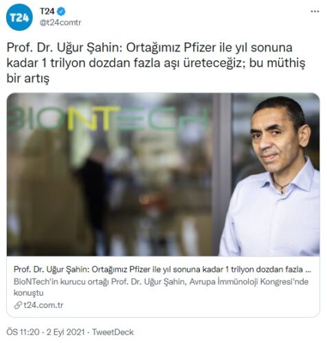 1 trilyon doz aşı uğur şahin