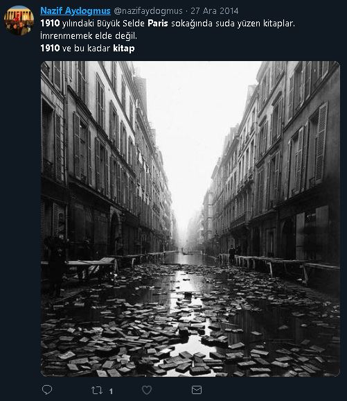1910 yılındaki Büyük Selde Paris sokağında suda yüzen kitaplar iddiasını içeren tweet