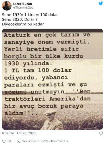 1930 yılında 1 lira 100 dolar