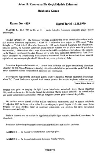 1999 bedelli askerlik kanunu