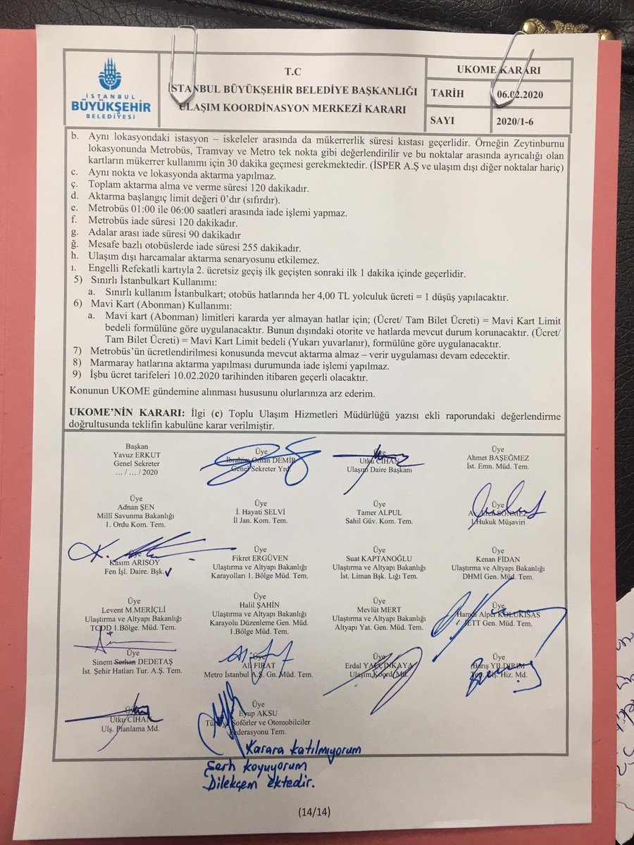 Marmaray zam kararına dair UKOMU karar taslağı imza sayfası