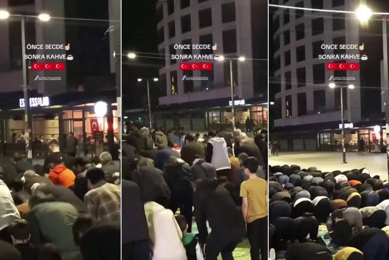 Boykot Edilen Espressolab’e Destek Veren Vatandaşların Kahve Zinciri Önünde Namaza Durup Secde Ettiği İddiası namaz-espressolab