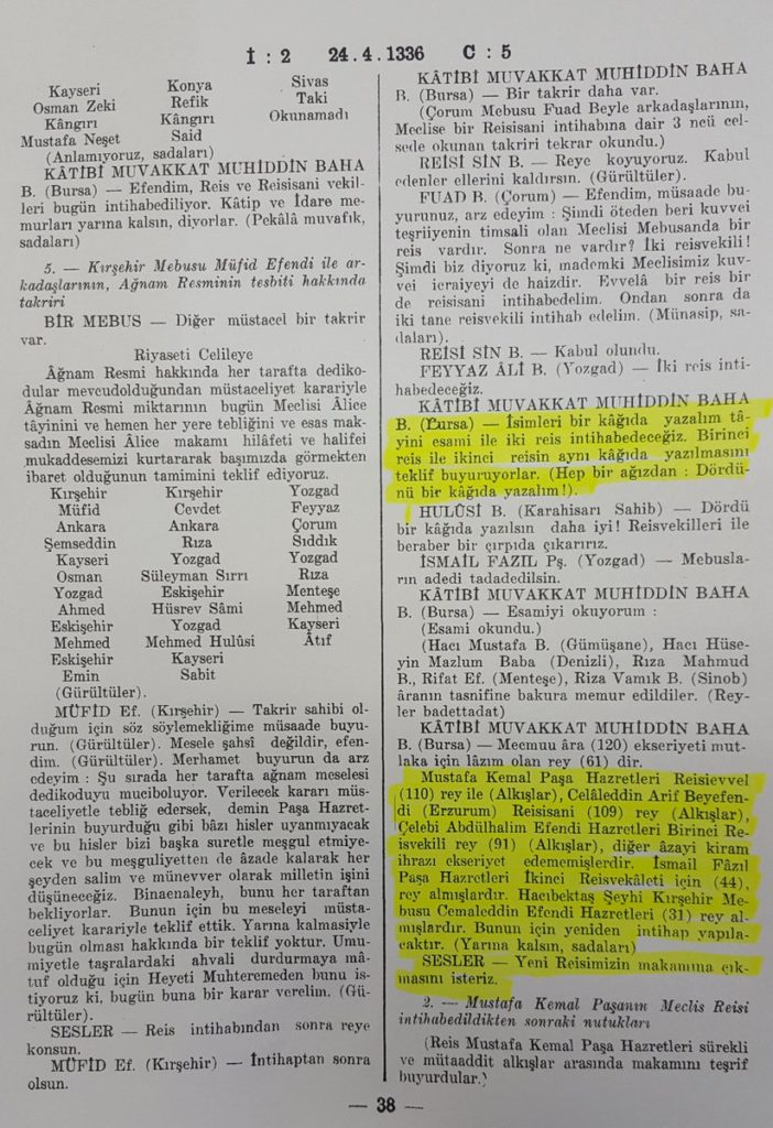 24 Nisan 1920'de gerçekleşen TBMM Başkanlığı seçimlerine ilişkin Meclis tutanaklarının ilgili bölümü