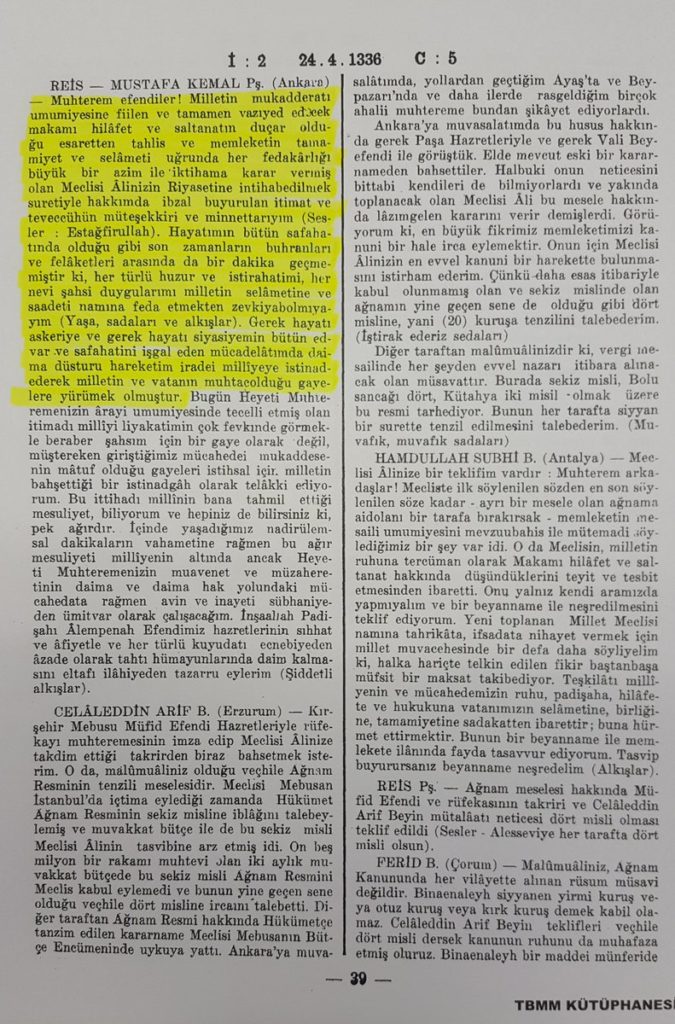 24 Nisan 1920'de gerçekleşen TBMM Başkanlığı seçimlerine ilişkin Meclis tutanaklarının ilgili bölümü