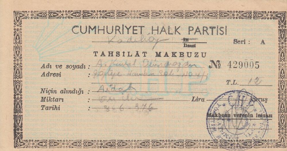 429005 nolu boş CHP tahsilat makbuzu