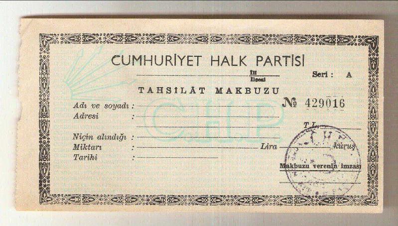 429016 nolu boş CHP tahsilat makbuzu