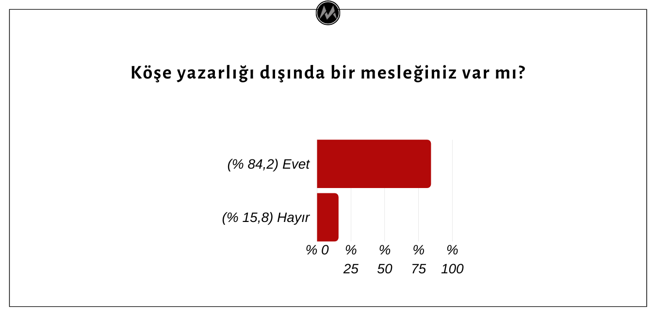 yazarların % 15,8’inin köşe yazarlığı dışında bir mesleğinin bulunmadığını belirttiği gözlemlenmiştir