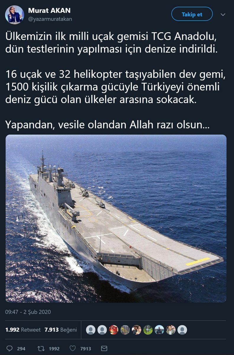 Murat Akan'ın TCG Anadolu'nun Türkiye'nin ilk uçak gemisi olduğu iddiasını içeren tweeti