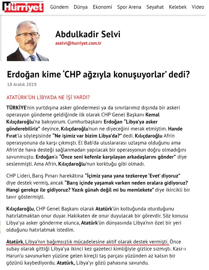 Abdulkadir Selvi'nin Hürriyet Gazetesindeki 18 Aralık 2019 günü yayınlanan "Erdoğan kime ‘CHP ağzıyla konuşuyorlar’ dedi?" başlıklı yazısından ilgili bölüm