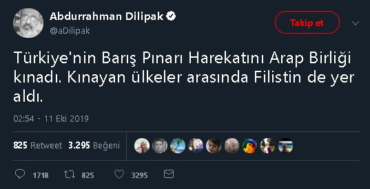 Abdurrahman Dilipak'ın Filistin'in Barış Pınarı Harekâtını kınadığı iddiasına yer verdiği tweeti