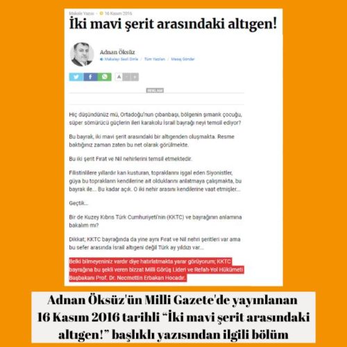 Milli Gazete yazarı Adnan Öksüz'ün 16 Kasım 2016 tarihli "İki mavi şerit arasındaki altıgen!" başlıklı yazısı