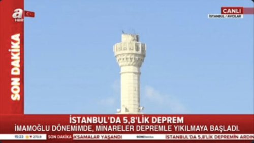 A Haber’in KJ bandı üzerine yapılan “İstanbul'da 5,8'lik Deprem - İmamoğlu döneminde minareler depremle yıkıldı" montajını içeren görsel