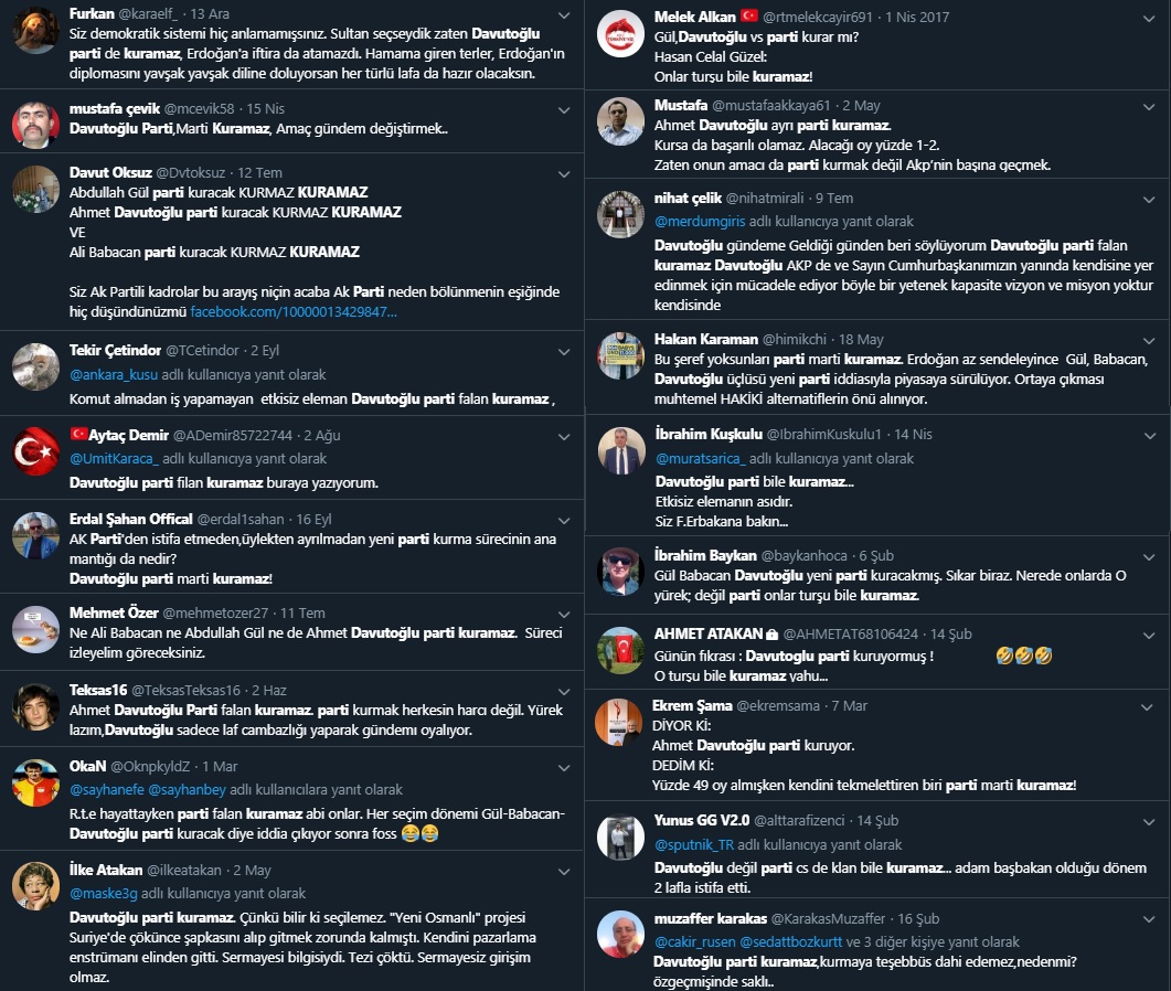 Ahmet Davutoğlu'nun siyasi parti kuramayacağını öne süren tweetlerden bir derleme