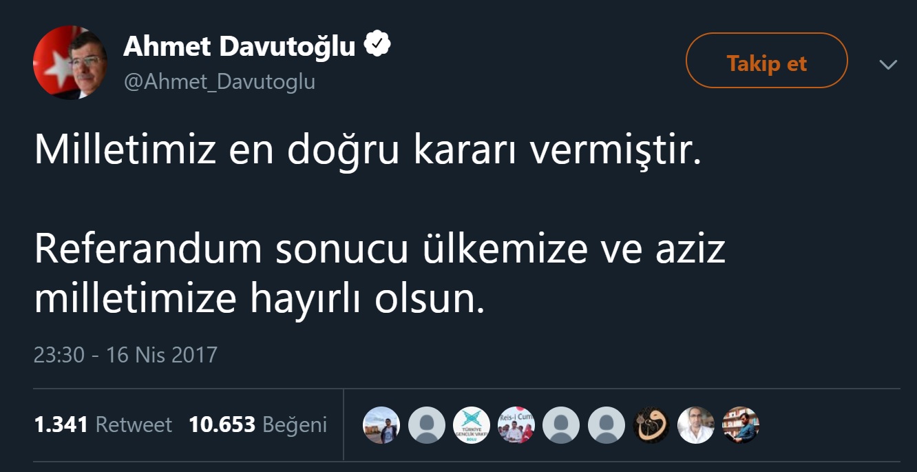 Ahmet Davutoğlu'nun 16 Nisan 2017 tarihinde gerçekleşen referandumun sonucu hakkındaki tweeti