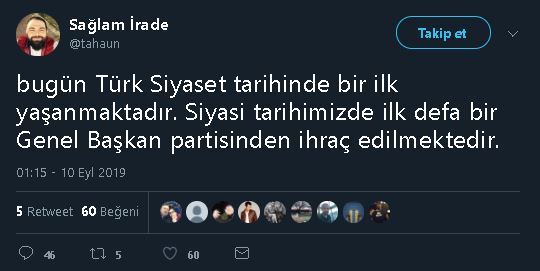 Ahmet Davutoğlu'nun Genel Başkanlığını yaptığı partiden ihraç edilen ilk kişi olduğu iddiasını içeren tweet
