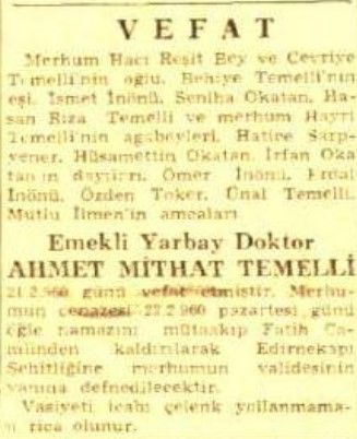 ahmet mithat temelli vefat