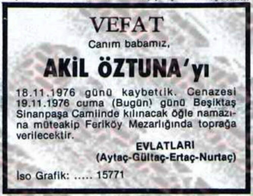 akil öztuna vefat ilanı