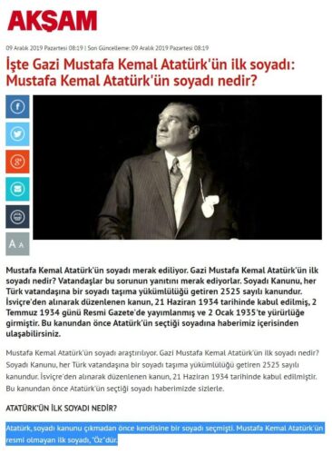 atatürkün ilk soyadı öz