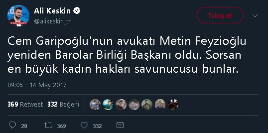 Ali Keskin'in Metin Feyzioğlu'nun Cem Garipoğlu'nun avukatlığını üstlendiği iddiasına yer veren paylaşımı