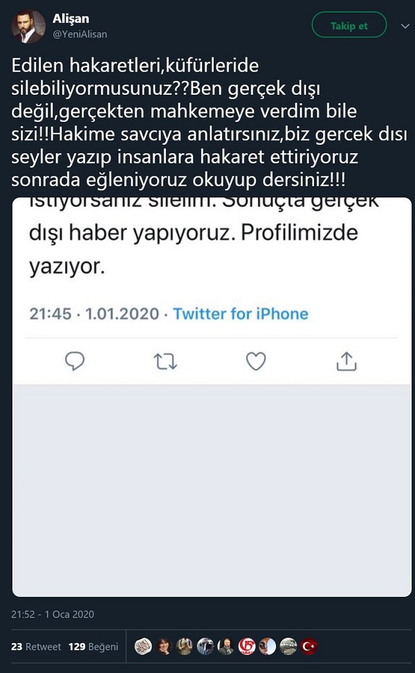 Alişan'ın Vog Magazin adlı profilin parodi paylaşımına tepki gösterdiği tweeti