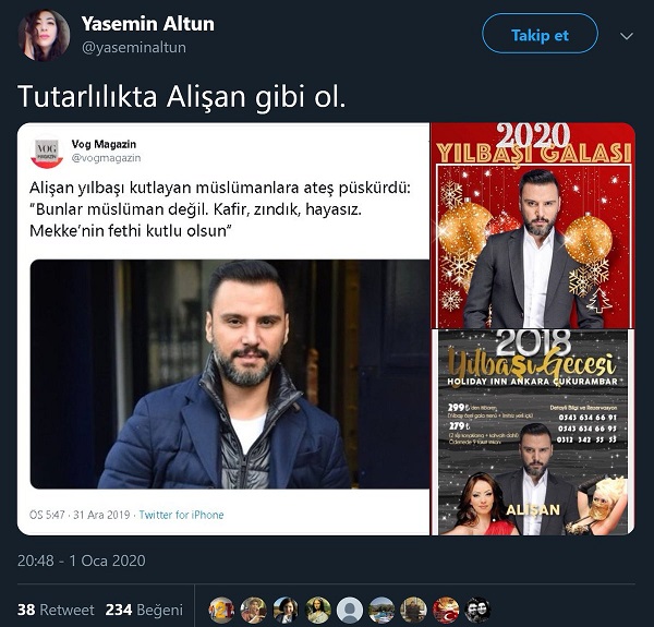 Vog Magazin'in parodi haberini gerçek sanarak Alişan'a tepki gösteren sosyal medya paylaşımı