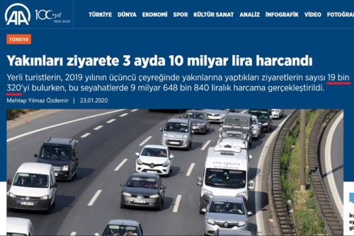 Anadolu Ajansı!nın 23 Ocak 2020 tarihli "Yakınları ziyarete 3 ayda 10 milyar lira harcandı" başlıklı haberi