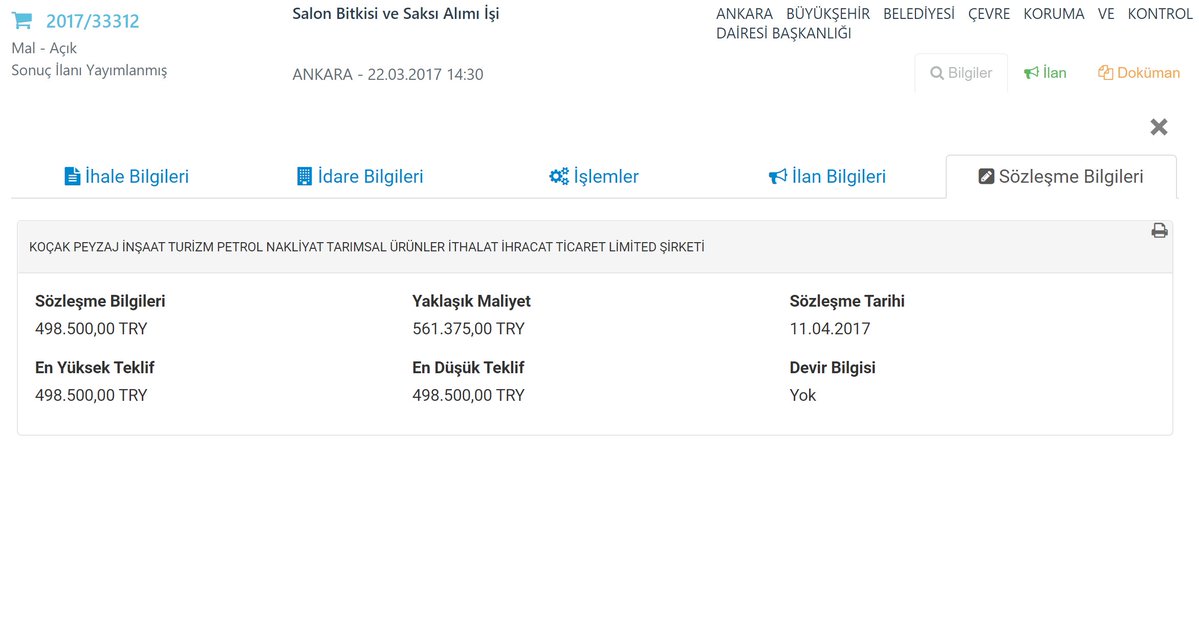 Ankara Büyükşehir Belediyesi'nin 2017/33312 nolu ihalesinin sözleşme tutarı 498.500 TL olarak belirlenmiş