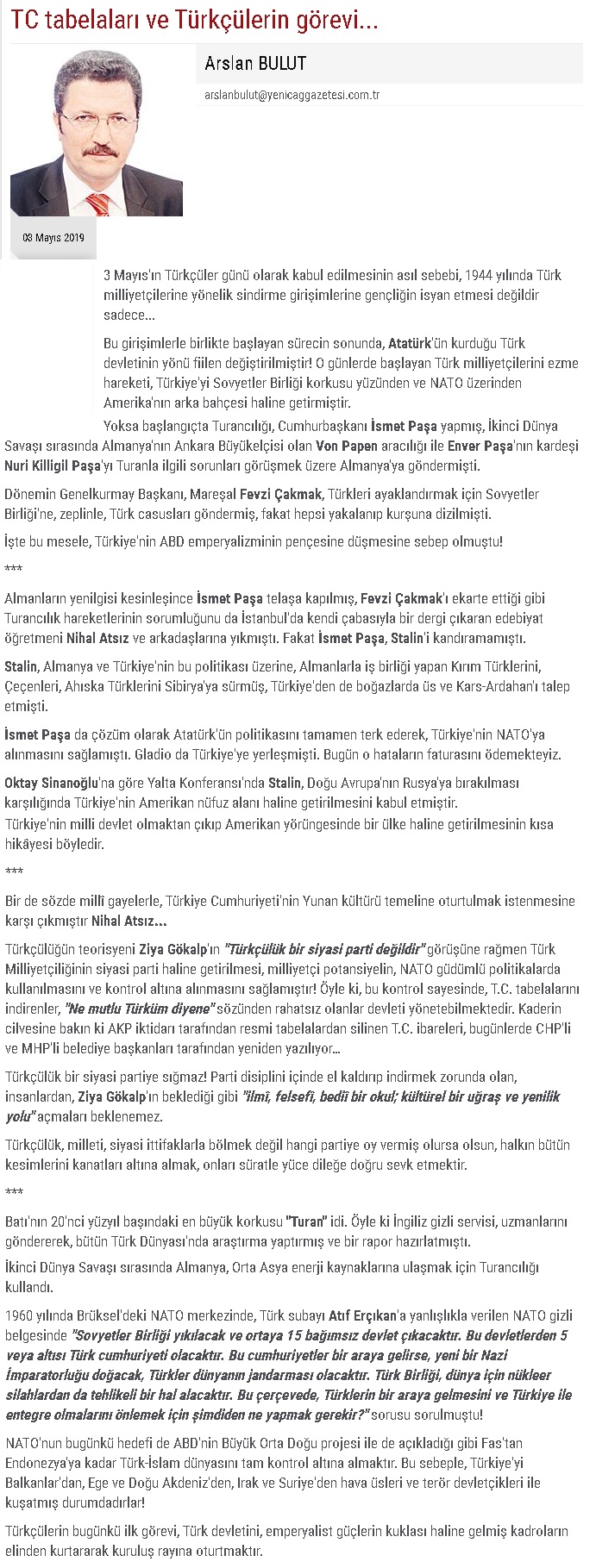 Arslan Bulut'un Yeniçağ Gazetesinde 3 Mayıs 2019 tarihinde yayınlanan "TC Tablelaları ve Türkçülerin Görevi" başlıklı köşe yazısı