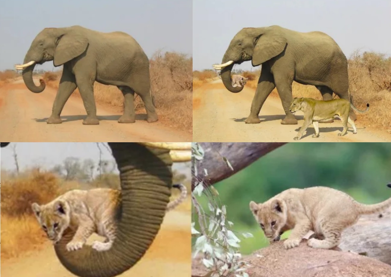 Aslan yavrusunu taşıyan fil fotoğrafı montaj unsurları