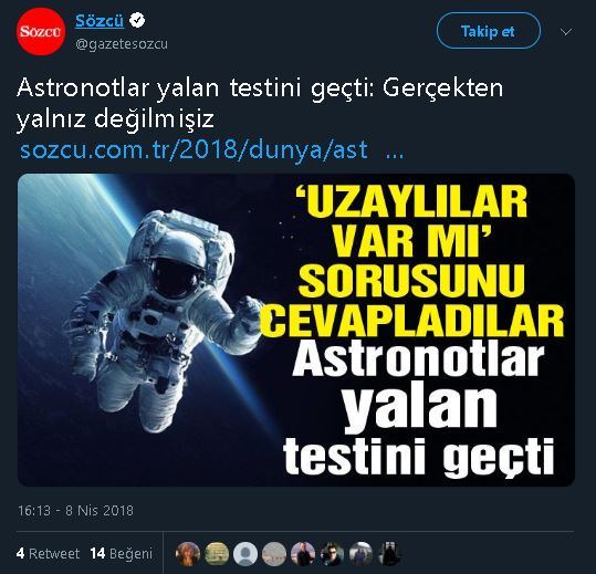 Astronotların UFO gördüklerine dair yalan testini geçtiğine dair iddiayı içeren haber tweeti