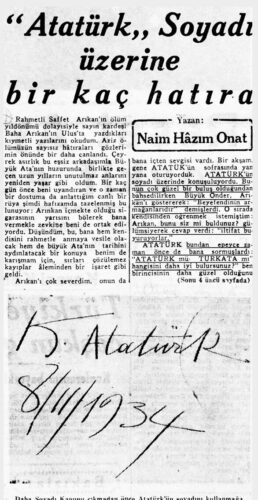 ataturk soyadi uzerine birkac hatira