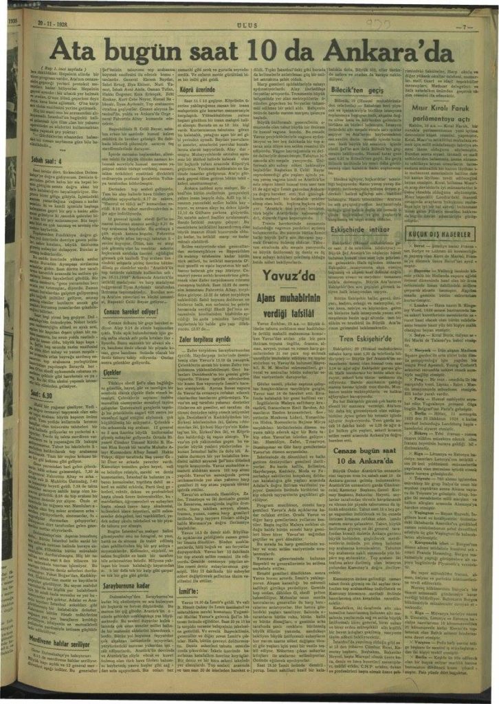 Ulus Gazetesi'nin 20 Kasım 1938 tarihli sayısında Atatürk'ün cenaze törenine ilişkin yer alan haber