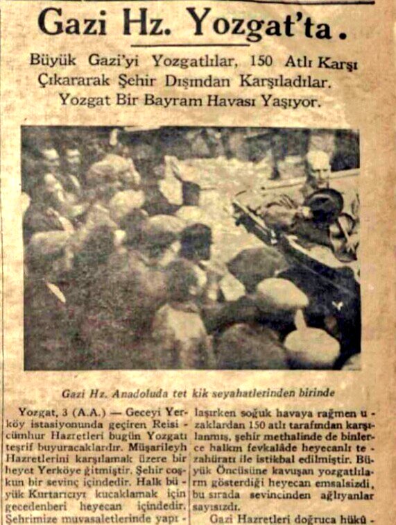 Atatürk'ün 3 Şubat 1934 tarihli Yozgat gezisi hakkında Hakimiyet-ii Milliye Gazetesi'nin 4 Şubat 1934 tarihli haberi