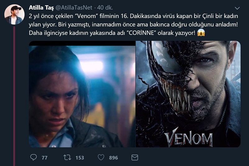 Atilla Taş'ın Venom adlı filmde corona virüsünün önceden tahmin edildiği iddiasına yer verdiği paylaşımı