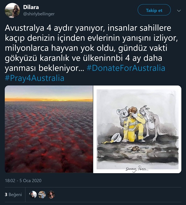 Avustralya üzerinde yangının etkisiyle kızıl renge bürünen bulutlar sanilan fotoğrafı içeren paylaşım