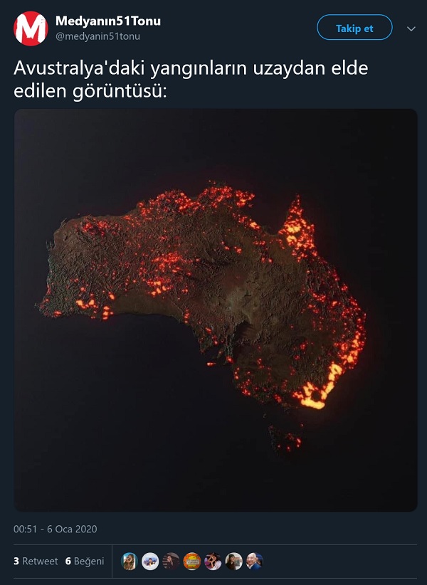 Avustralya'da meydana gelen yangınların uzayda görüntüsü olduğu sanılan görseli içeren paylaşım