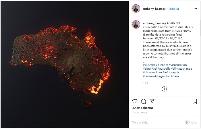 Anthony Hearsey'in Avustralya'da meydana gelen yangınlara ilişkin 3 boyutlu dijital tasarımını aktardığı paylaşımı