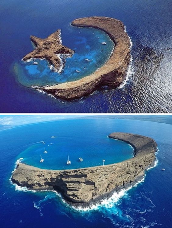 Ay yıldız şeklinde olduğu sanılan ABD'ye bağlı Hawaii'deki Molokini kraterine ait montaj ve orijinal fotolar