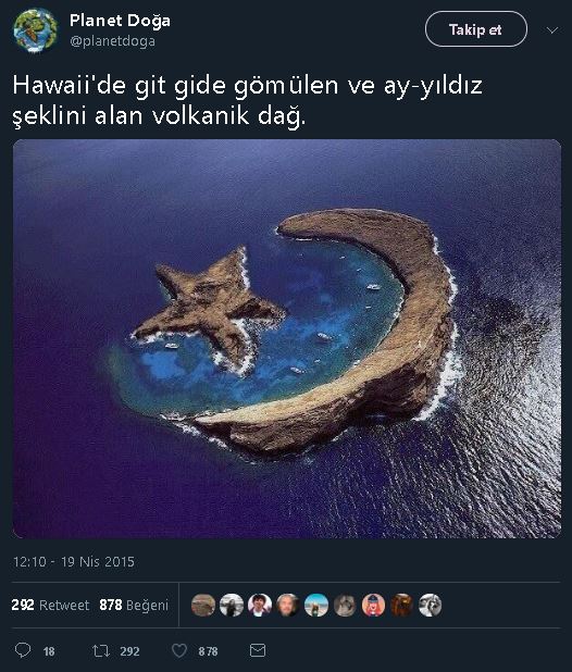 Ay yıldız şeklindeki volkanik dağa ait olduğu iddiasıyla paylaşılan fotoğrafı içeren tweet