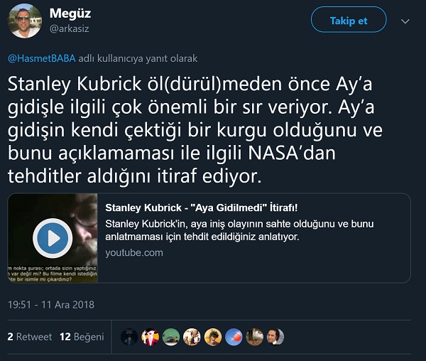 Ay'a iniş görüntülerinin Stanley Kubrick tarafından çekildiğini iddia eden tweet