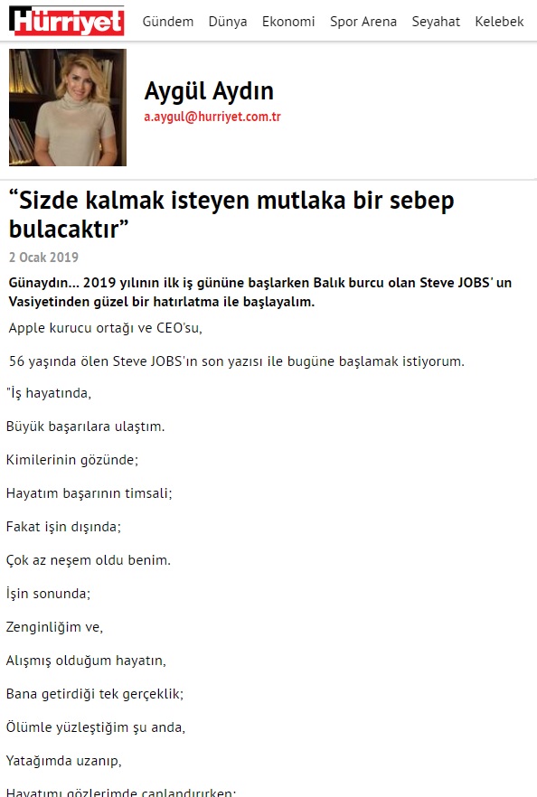 Aygül Aydın'ın Hürriyet Gazetesindeki “Sizde kalmak isteyen mutlaka bir sebep bulacaktır” başlıklı 2 Ocak 2019 tarihli köşe yazısı