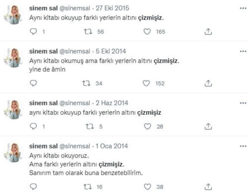ayni kitabi okuyup farkli yerlerin altini cizmisiz sinem sal