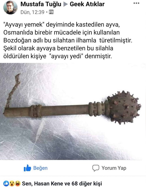 Ayvayı yemek deyiminin anlamının bozdoğan silahına dayandığını iddia eden paylaşım