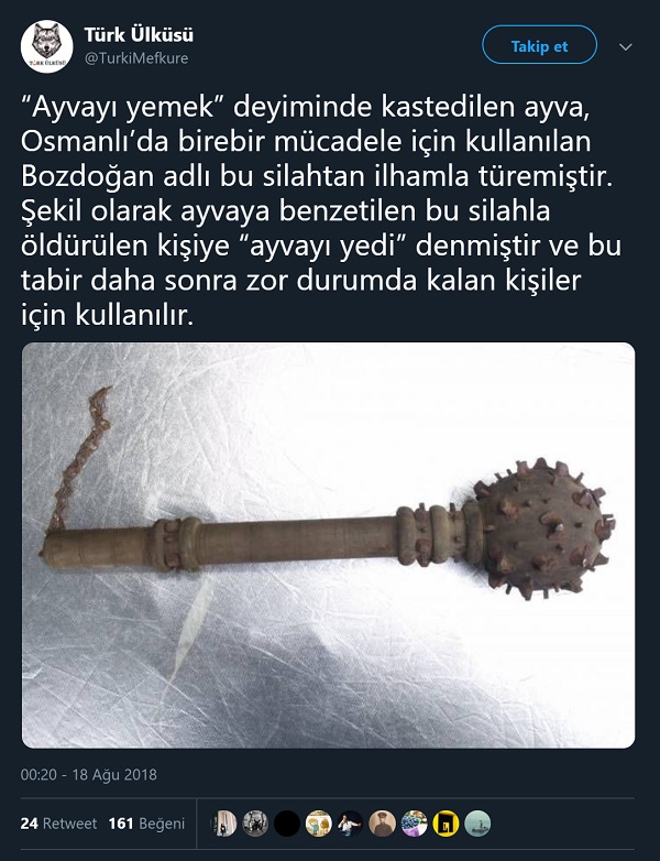 Ayvayı yemek deyiminin anlamının bozdoğan silahına dayandığını öne süren paylaşım