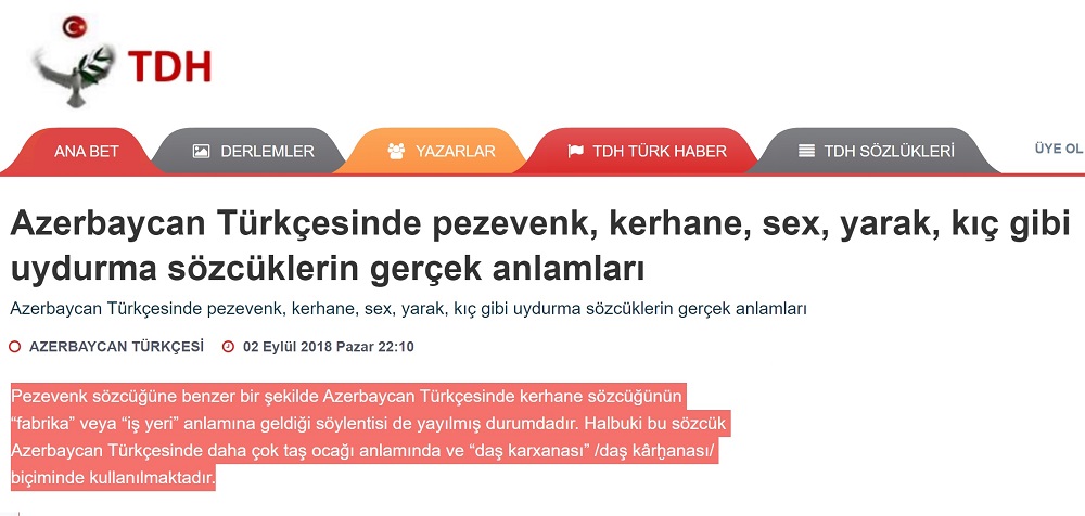 Azerbaycan Türkçesinde kerhane kelimesinin Türkçe iş yeri anlamına gelmediğini öne süren yazı
