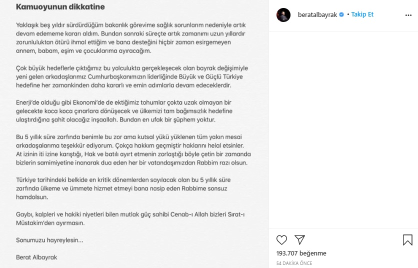 berat albayrak istifa açıklaması