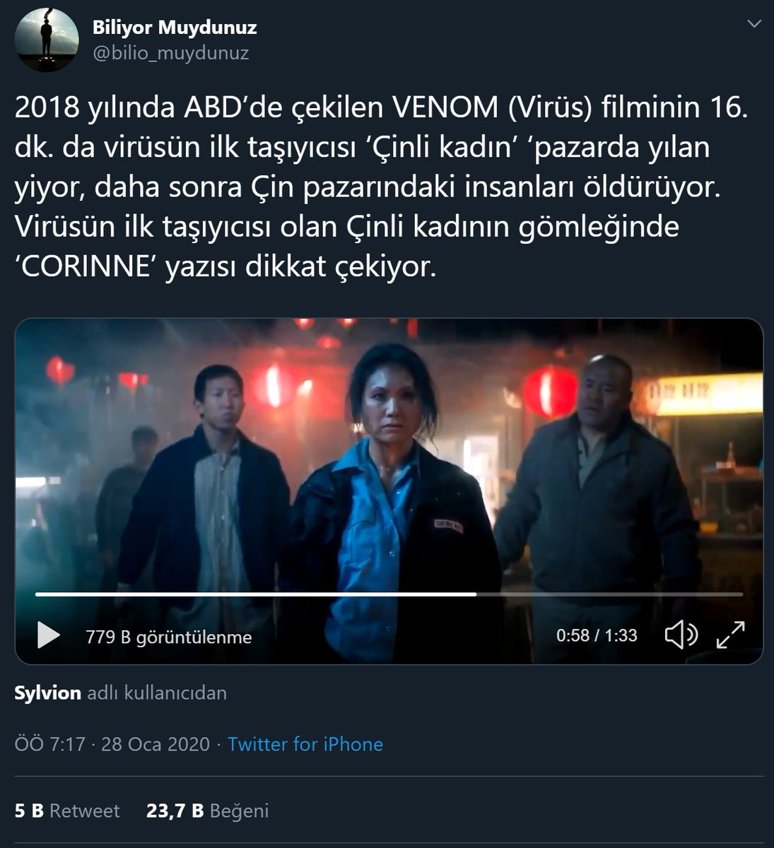 Atilla Taş'ın Venom adlı filmde corona virüsünün önceden tahmin edildiği iddiasına yer verdiği paylaşımı