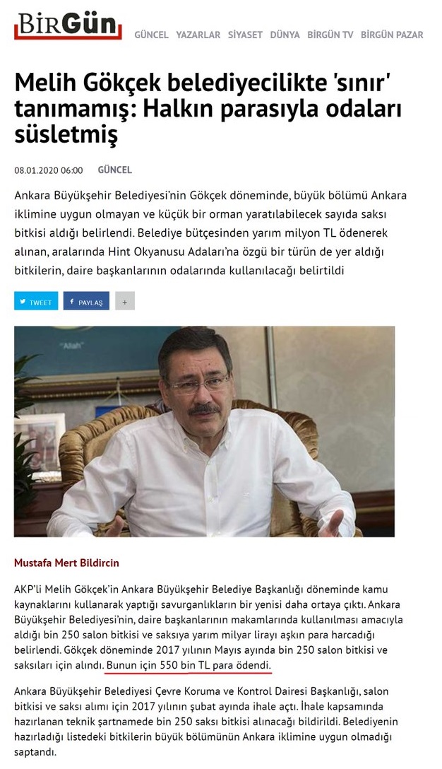 Birgün Gazetesinin "Melih Gökçek belediyecilikte 'sınır' tanımamış: Halkın parasıyla odaları süsletmiş" başlıklı haberi