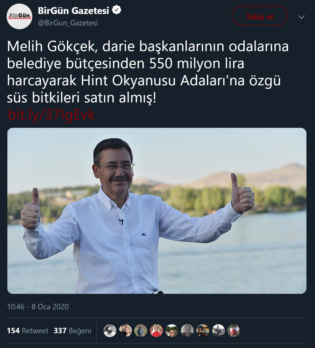 Birgün Gazetesinin Melih Gökçek'in Belediye'deki daire başkanlarının makam odalarının süslemesi için 550 milyon TL harcama yaptığını öne sürdüğü haber paylaşımı